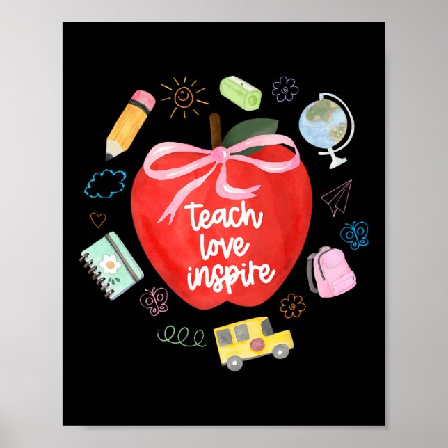 Poster Teach Love Inspire Teacher Coquette Bow Apple Back (Devant)