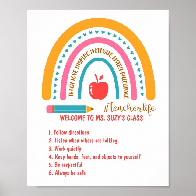 Poster #Teacherlife Rainbow Règles de classe personnalisé (Devant)