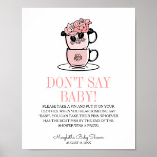 Poster Teacup & Flowers Baby shower Ne pas dire Baby Game