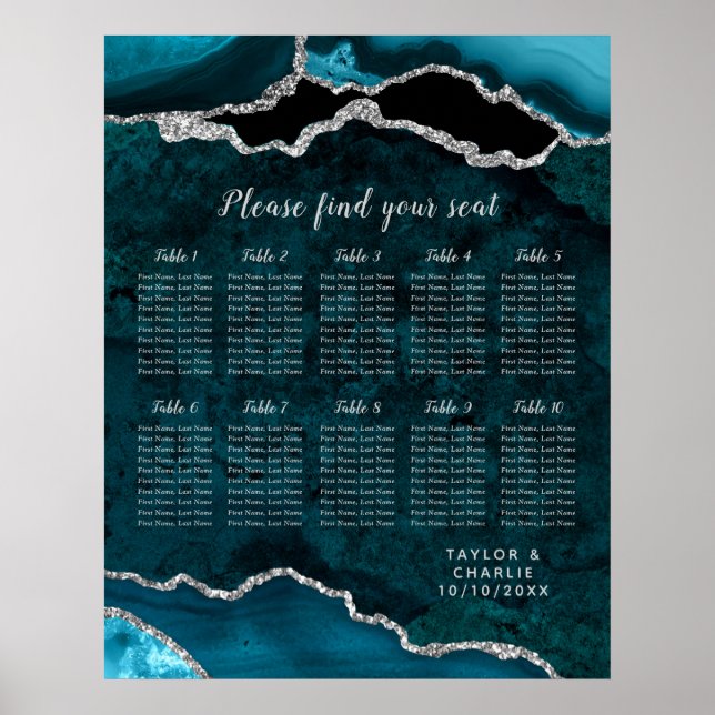 Poster Teal and Silver Agate Wedding Seating Chart (Devant)