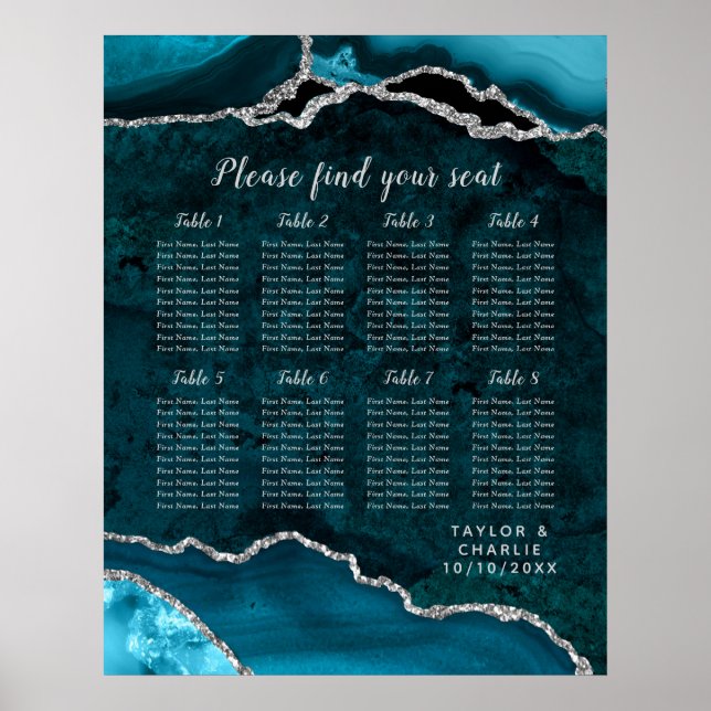 Poster Teal and Silver Agate Wedding Seating Chart (Devant)