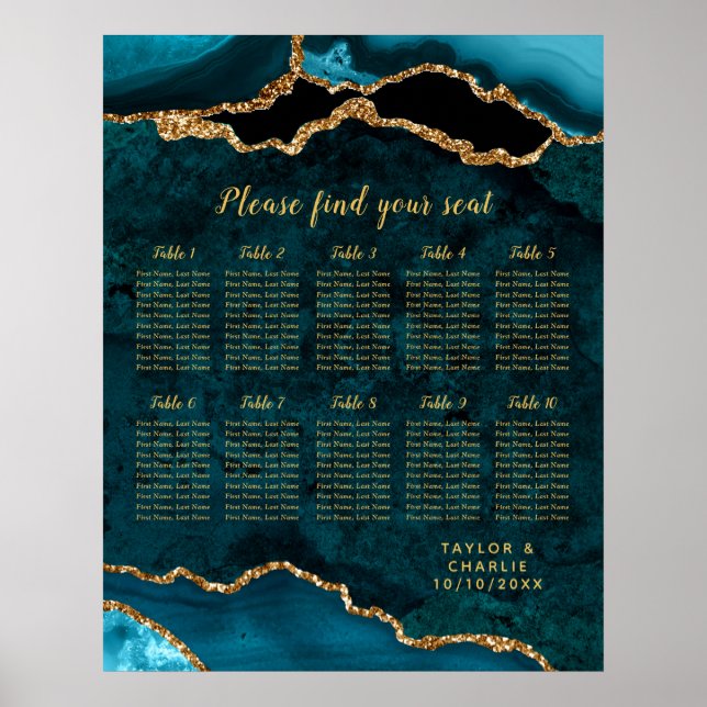 Poster Teal Blue and Gold Agate Wedding Seating Chart (Devant)