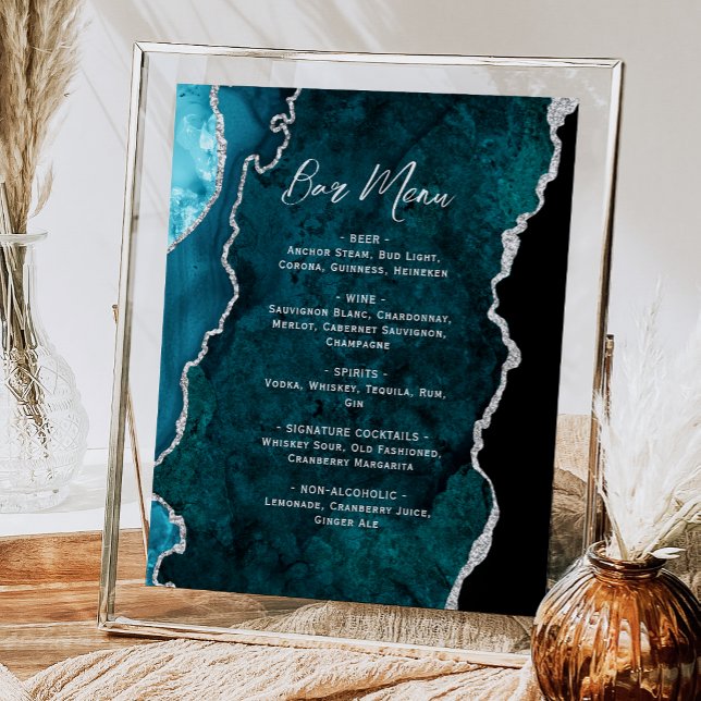Poster Teal Blue Silver Agate Script Wedding Bar Menu  (Créateur téléchargé)