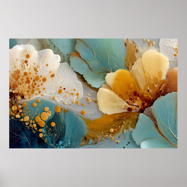 Poster Teal Gold Fluid Art Abstract (Devant)