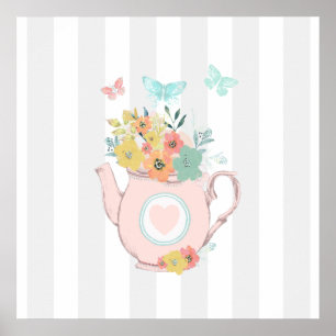 Poster Teapot rose avec Fleurs et Papillons Gris Gris