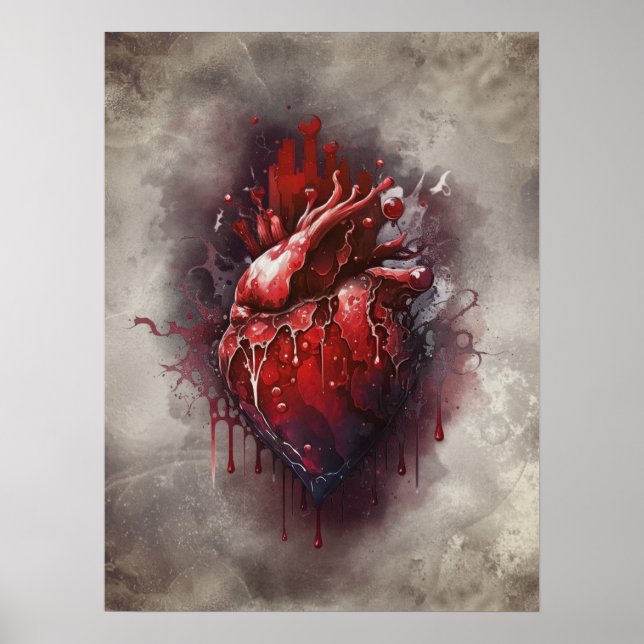 Poster Técherie | Coeur avec goutte rouge et or saignant (Devant)