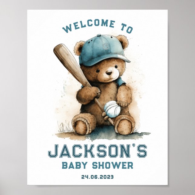 Poster Tedd Bear Baseball Joueur Boy Baby shower d'accuei (Devant)