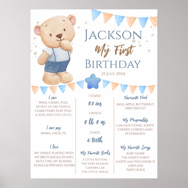 Poster Teddy Bear 1er anniversaire Jalon personnalisé (Devant)