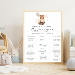Poster Teddy Bear 1st Birthday Milestone Boy Blue