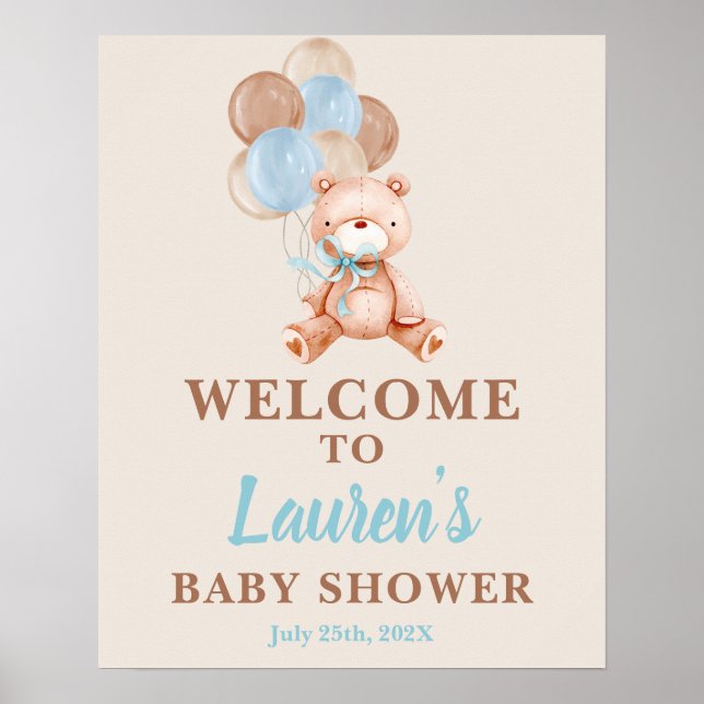 Poster Teddy Bear Baby shower Boy Symbole de bienvenue (Devant)