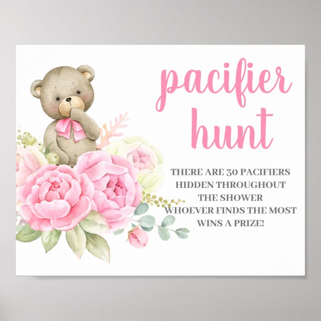 Poster Teddy Bear Baby shower Girl Pacifier Signet de cha (Devant)