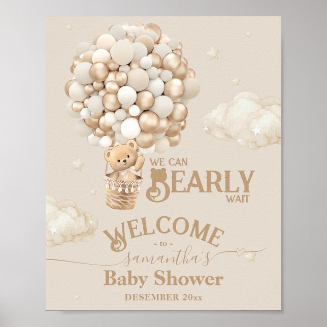 Poster Teddy Bear Balloon Bearly Wait Baby shower bienven (Devant)