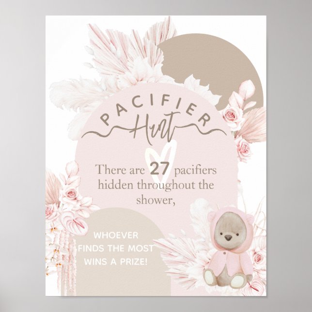 Poster Teddy Bear Boho baby shower Pacifier chasse jeu (Devant)