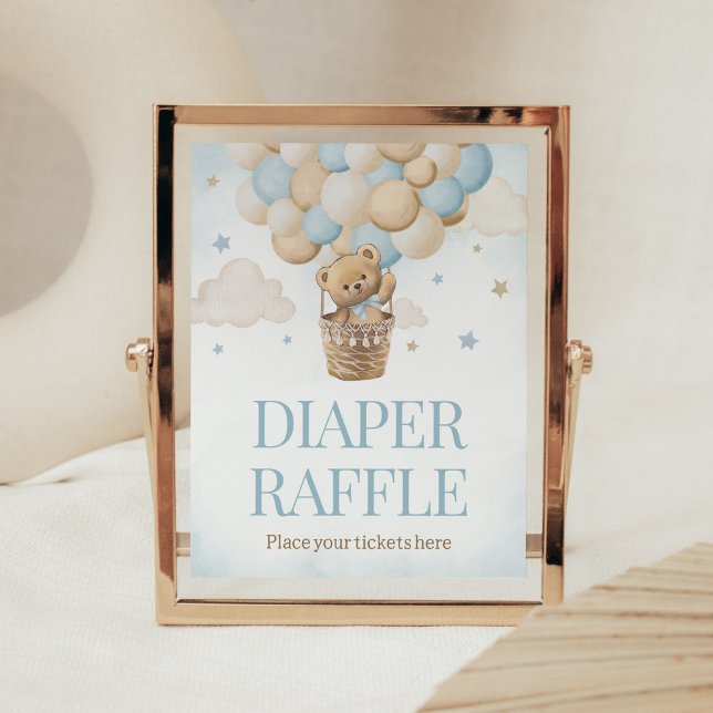 Poster Teddy Bear Hot Air Balloon Diaper Raffin (Boho Blue Bear Baby Shower Diaper Raffle Sign)