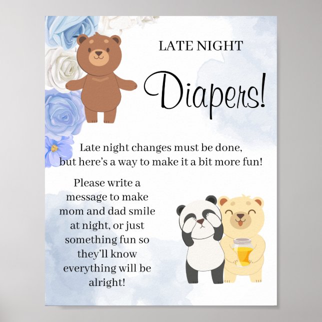 Poster Teddy Bear Late Night Diaper Baby shower signe de  (Devant)