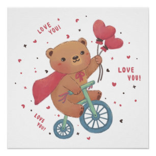 Poster Teddy Bear on Bike : Love You!