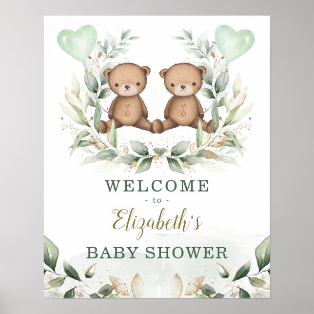 Poster Teddy Bear Twins Greenery Baby shower Gold Bienven (Devant)