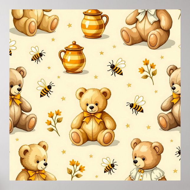 Poster Teddy Bears Honey Bees Nursery Pattern (Devant)