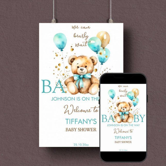 Poster Teddy ours bearly attente baby shower signe de bie (Bearly wait teddy bear baby shower welcome sign poster instant download teal and gold baby boy)
