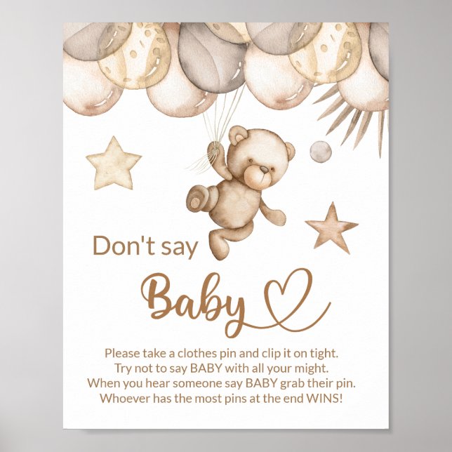 Poster Teddy ours bébé ours ne dit pas baby shower jeu (Devant)
