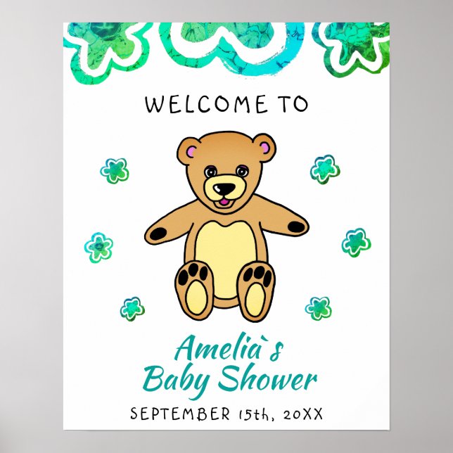 Poster Teddy Ours Fleur Baby shower Floral Bienvenue (Devant)