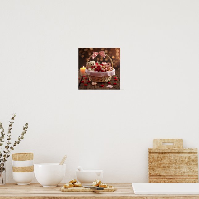 Poster Teddy Rose Basket Romantic Valentine Wall (Cuisine)