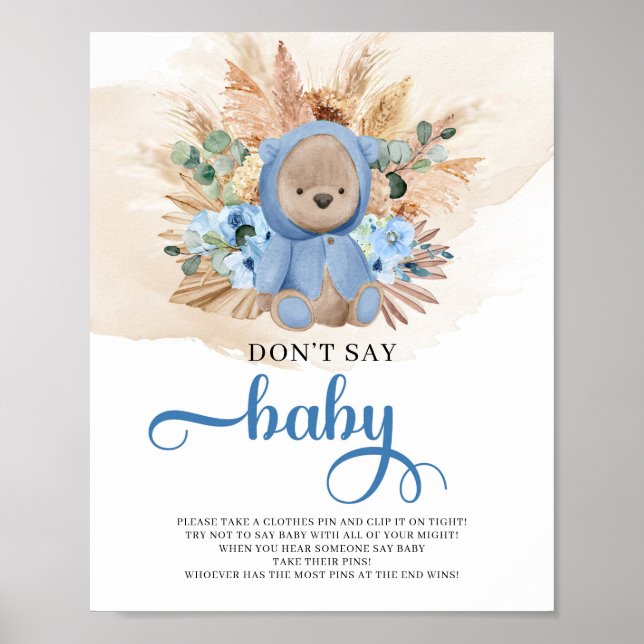 Poster Tedours bleu fleurs pampas ne pas dire bébé jeu (Devant)