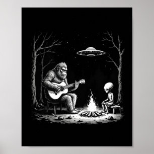 Poster Tee Guitare Bigfoot Feu de camp Alien Ufo Camping 