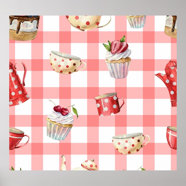 Poster Teintures d'aquarelle : Cupcakes Motif sans soudur (Devant)