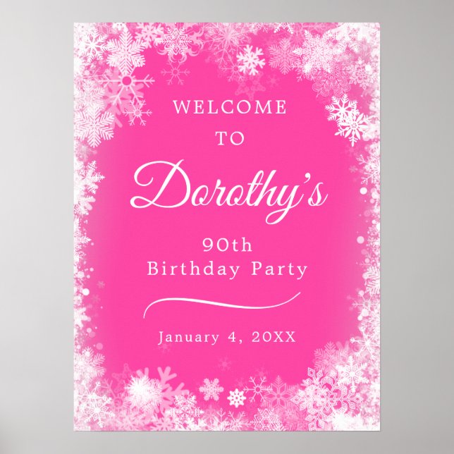 Poster Téléchargeable 90th Birthday Snowflake Pink Welcom (Devant)