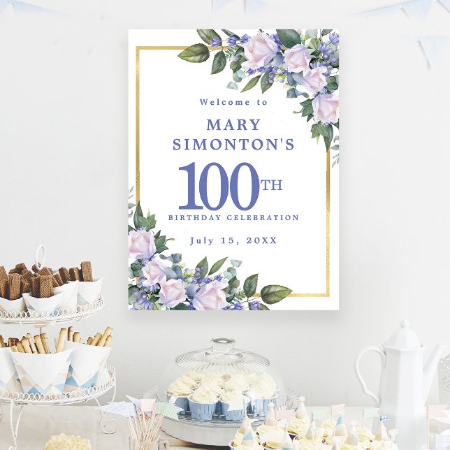 Poster Téléchargeable Blue White Floral 100e anniversaire (Créateur téléchargé)