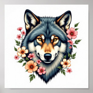 Poster Téléchargeable Floral Wolf Vintage Wall Art