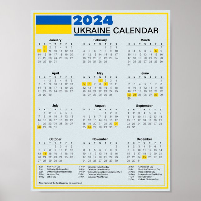 Poster Télécharger Calendrier ukrainien 2024 avec fêtes (Devant)
