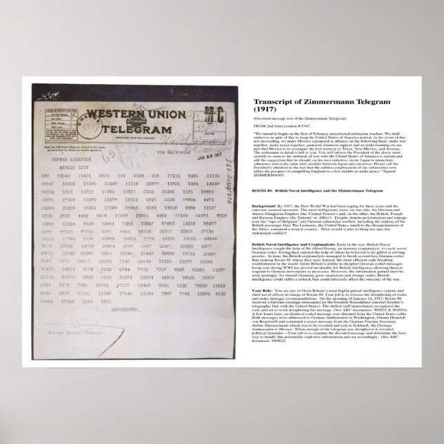 Poster Telegraph de Zimmermann avec transcription (Devant)