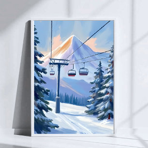 Poster Téléphérique   Ski aquarelle hiver montagne