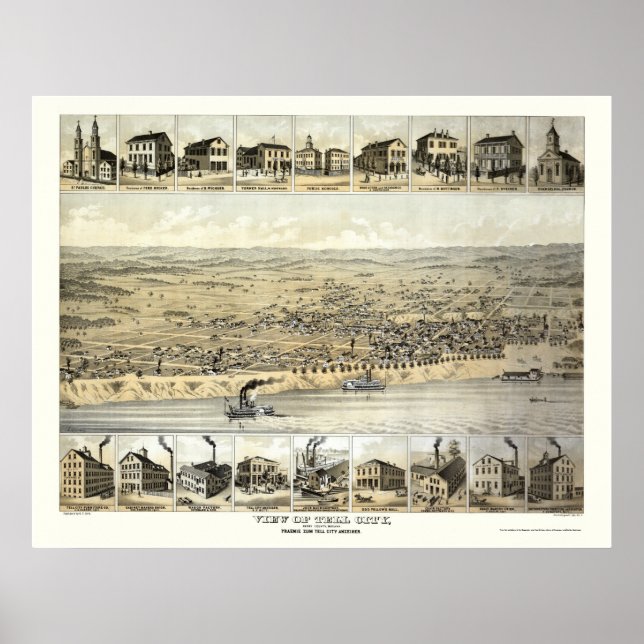 Poster Tell City, IN Panoramic Map - 1870's (Devant)