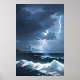 Poster Tempête de la foudre au-dessus de l'océan