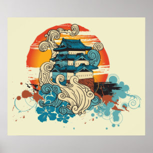 Poster Temple asiatique Pagode et soleil imprimé personna