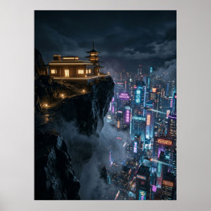 Poster Temple Cyberpunk au-dessus de la ville néon