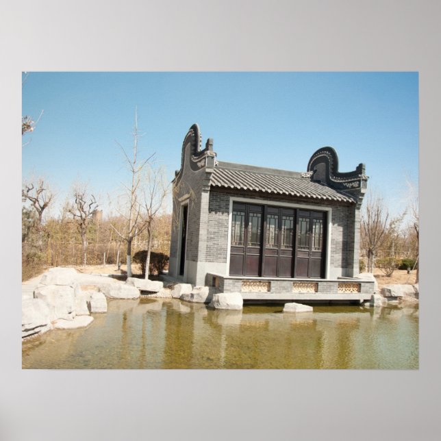Poster Temple dans l'eau avec ciel bleu (Devant)
