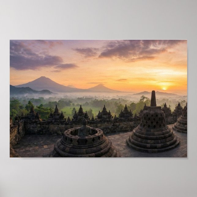 Poster Temple de Borobudur Java Indonésie Lever de soleil (Devant)