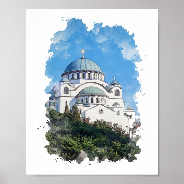 Poster Temple de Saint Sava Serbie Aquarelle Art (Devant)
