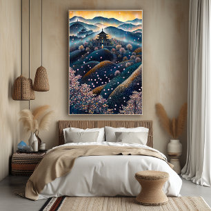 Poster Temple des Cerisiers en Fleurs dans le Style Point