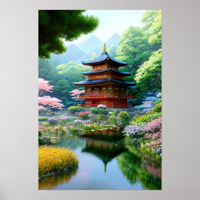Poster Temple en bois dans le Jardin Japonais (Devant)