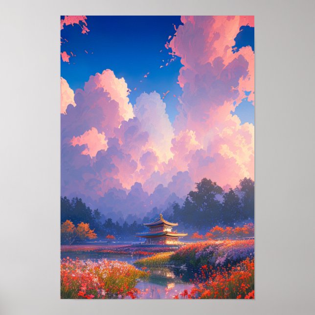 Poster Temple en bois et fleurs colorées (Devant)