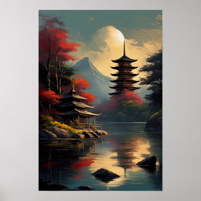 Poster Temple et Pagode au bord du lac (Devant)
