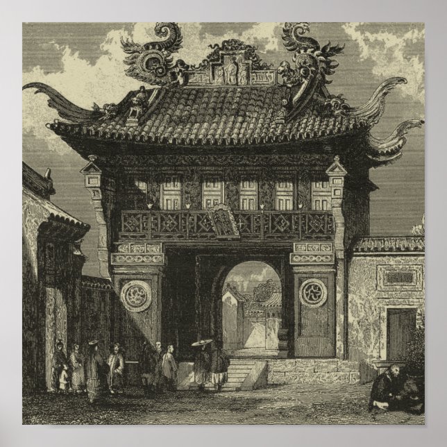 Poster Temple impérial asiatique en noir et blanc (Devant)