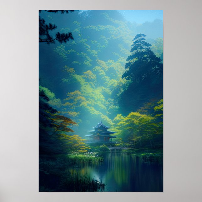 Poster Temple japonais au coeur de la forêt (Devant)