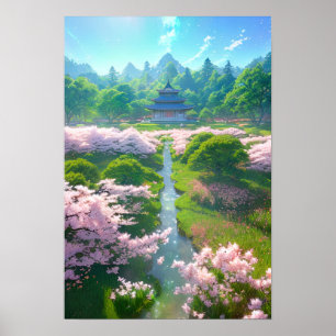 Poster Temple japonais dans un champ de Sakura