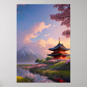 Poster Temple japonais en bois au bord de la rivière